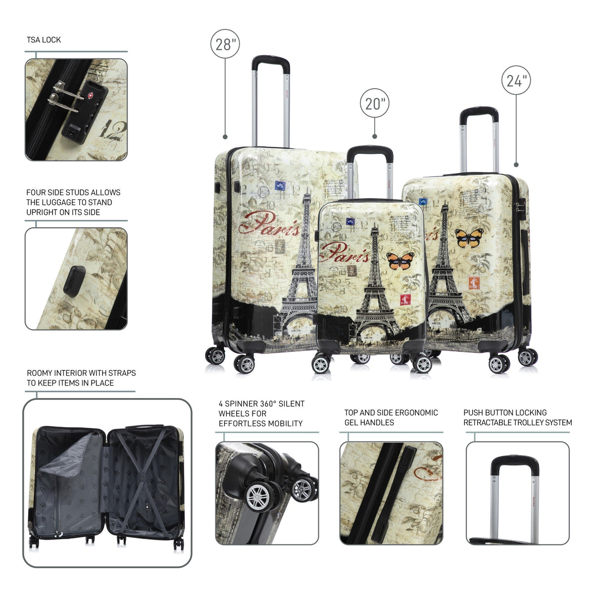 InUSA Prints 3-Piece Hardside Spinner Luggage Set
