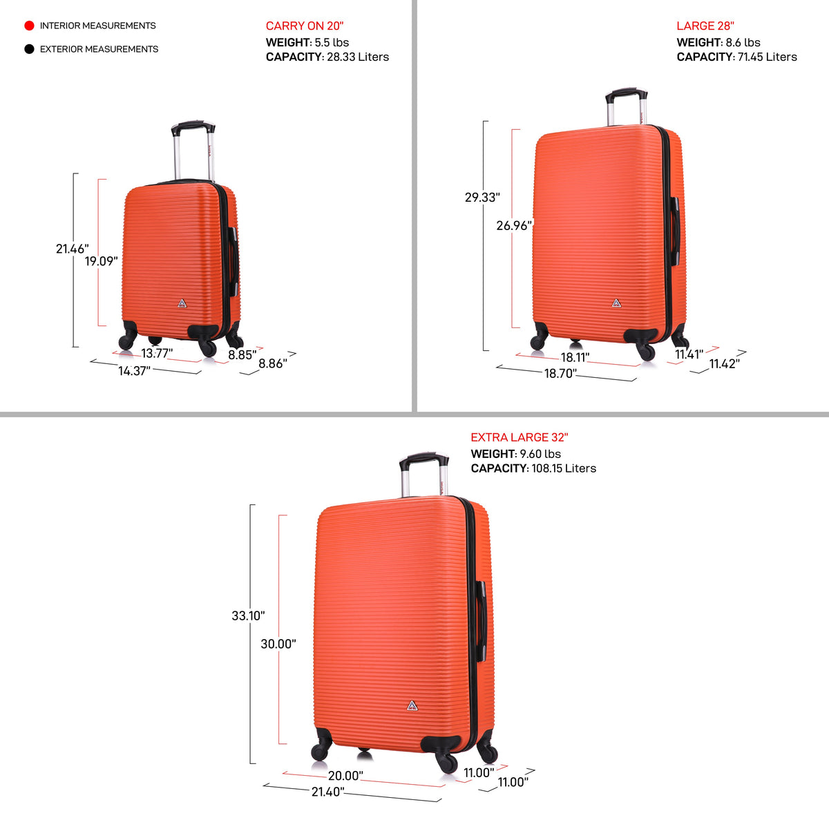 InUSA Royal 3-Piece Hardside Spinner Luggage Set
