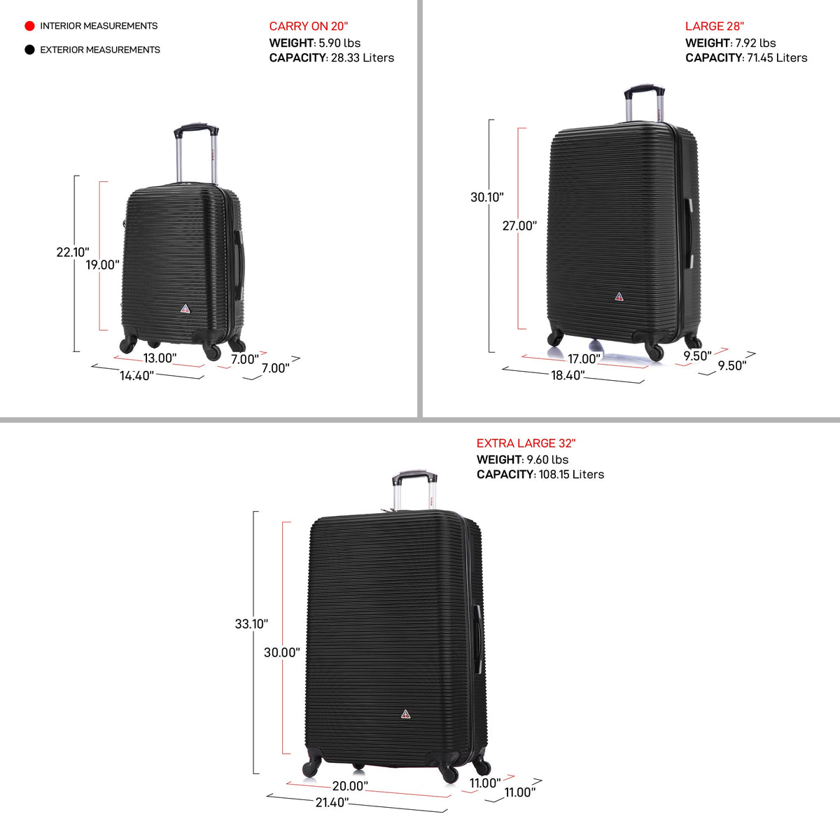 InUSA Royal 3-Piece Hardside Spinner Luggage Set