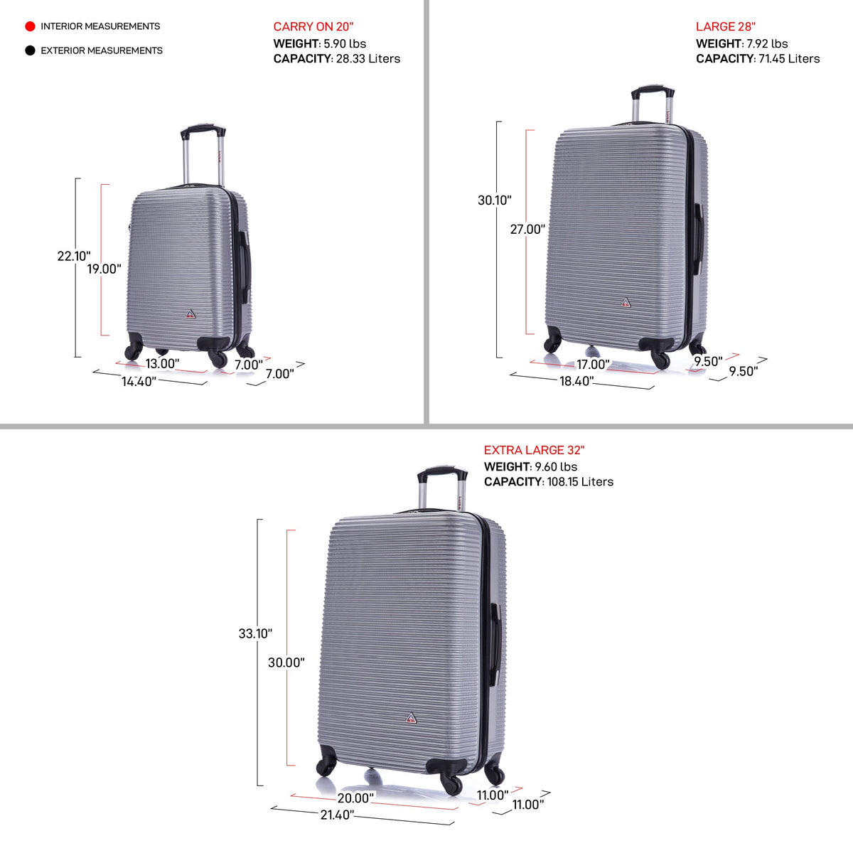 InUSA Royal 3-Piece Hardside Spinner Luggage Set